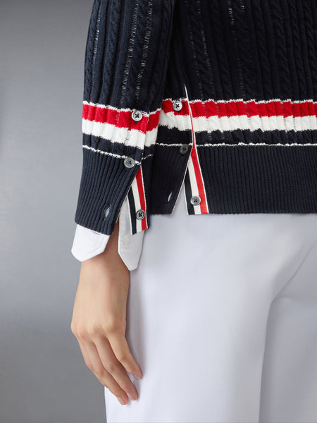 RWB STRIPE BABY LADDER CABLE ELONGATED CARDIGAN NAVY