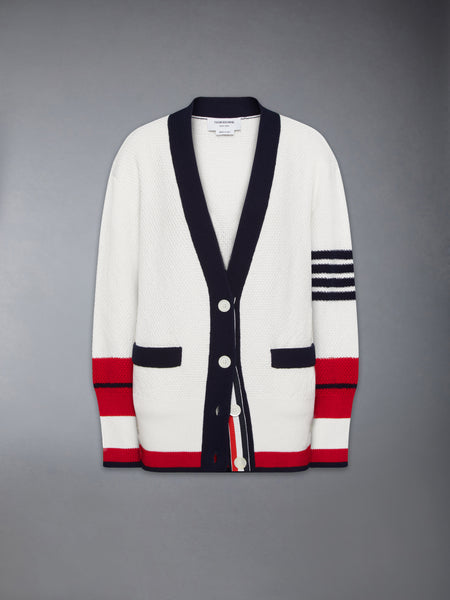 TENNIS RACQUET INTARSIA 4-BAR SEED STITCH CARDIGAN WHITE