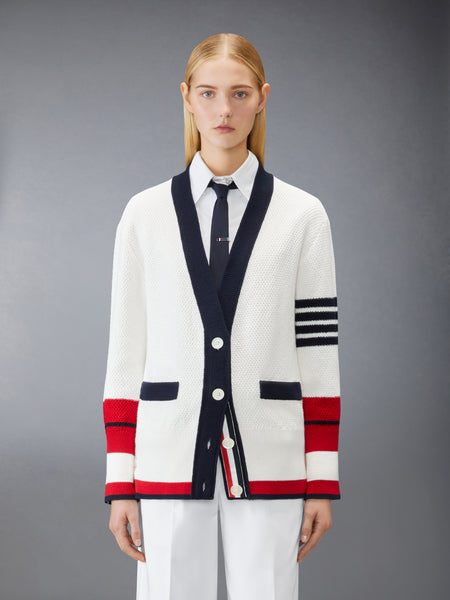 TENNIS RACQUET INTARSIA 4-BAR SEED STITCH CARDIGAN WHITE