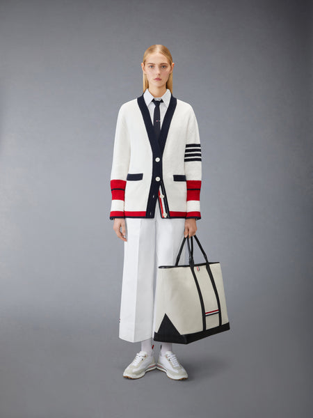 TENNIS RACQUET INTARSIA 4-BAR SEED STITCH CARDIGAN WHITE