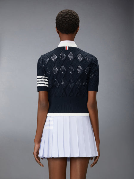 ARGYLE POINTELLE 4-BAR SHORT SLEEVE CARDIGAN NAVY