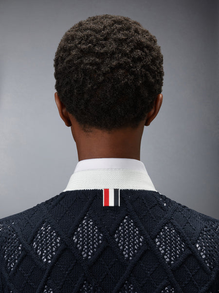 ARGYLE POINTELLE 4-BAR SHORT SLEEVE CARDIGAN NAVY