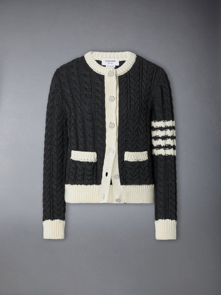 MERINO WOOL 4-BAR ARAN CABLE CARDIGAN DARK GREY