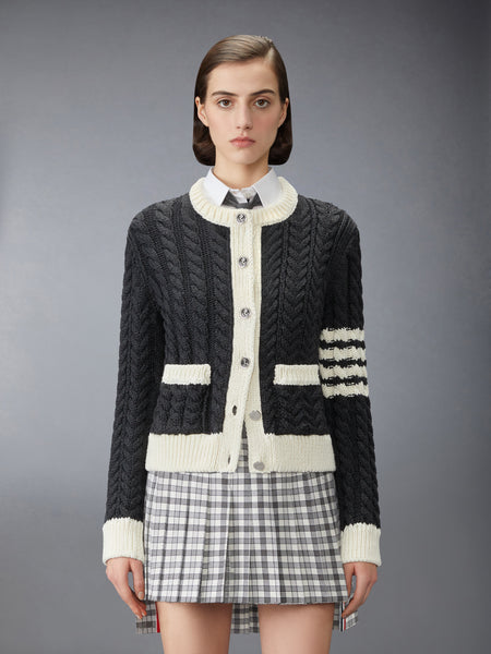 MERINO WOOL 4-BAR ARAN CABLE CARDIGAN DARK GREY