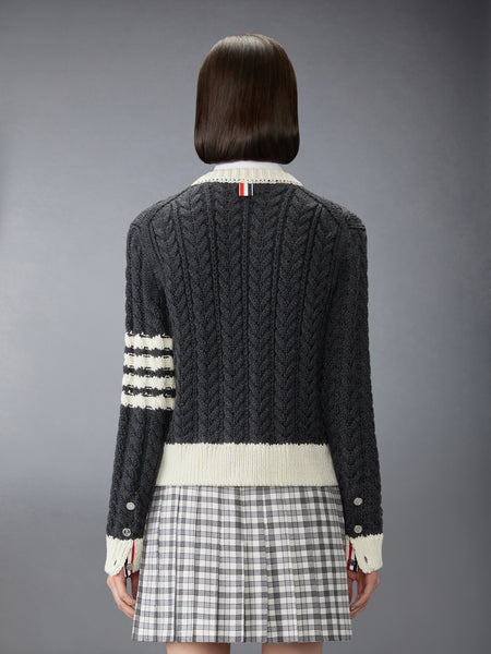 MERINO WOOL 4-BAR ARAN CABLE CARDIGAN DARK GREY