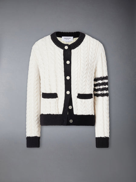 MERINO WOOL 4-BAR ARAN CABLE CARDIGAN WHITE