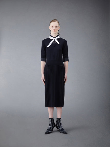 Wool Jersey Organza Pleated Bottom Ribbon Tie Combo Shirtdress BLACK
