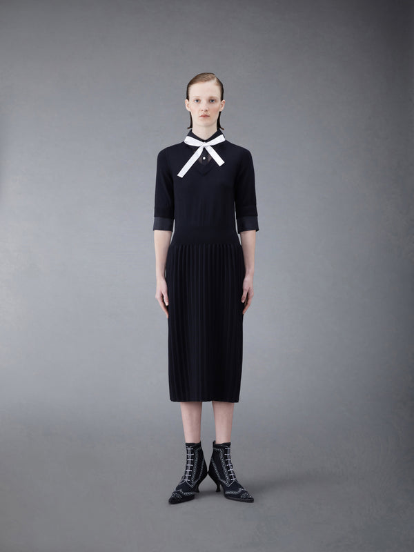 Wool Jersey Organza Pleated Bottom Ribbon Tie Combo Shirtdress - featured image
