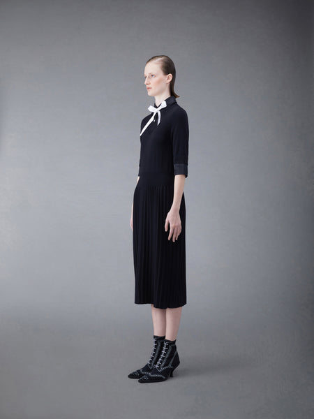 Wool Jersey Organza Pleated Bottom Ribbon Tie Combo Shirtdress BLACK