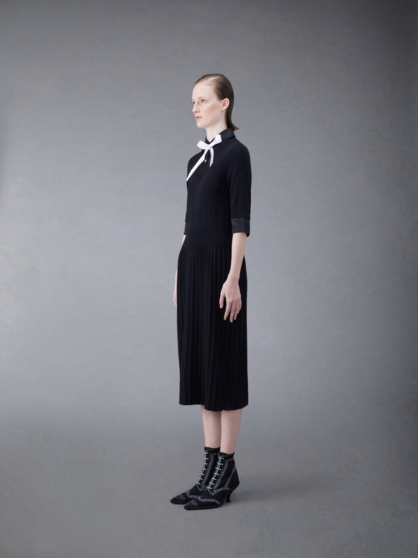Wool Jersey Organza Pleated Bottom Ribbon Tie Combo Shirtdress - image 2