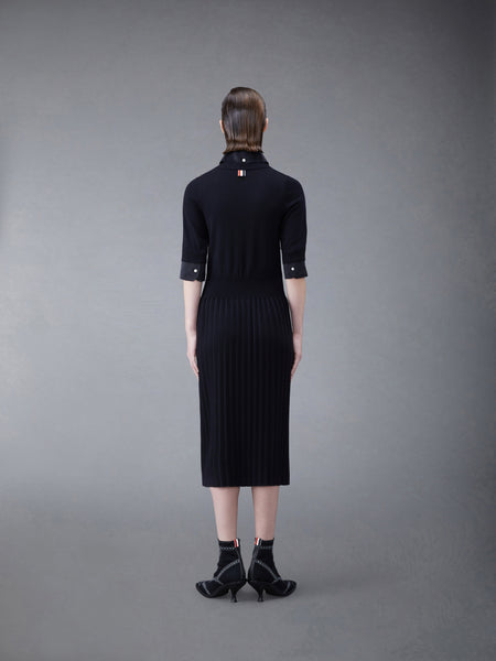 Wool Jersey Organza Pleated Bottom Ribbon Tie Combo Shirtdress BLACK