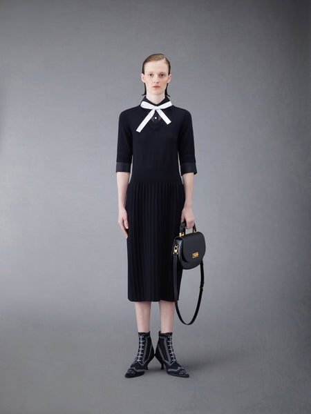 Wool Jersey Organza Pleated Bottom Ribbon Tie Combo Shirtdress BLACK