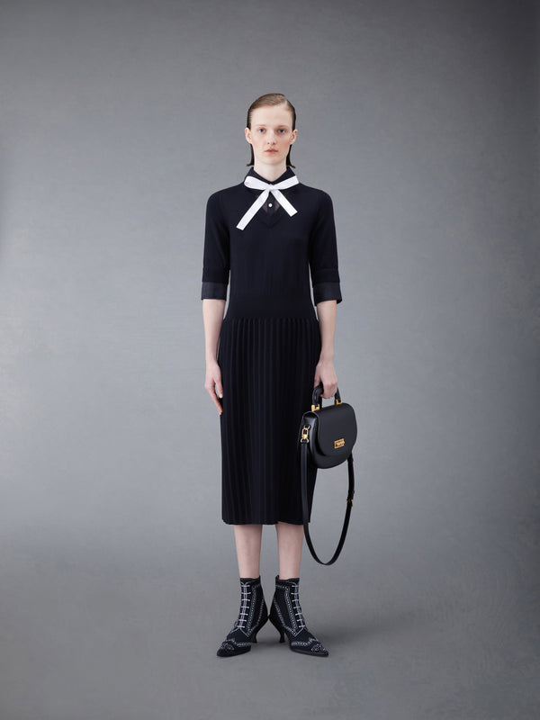 Wool Jersey Organza Pleated Bottom Ribbon Tie Combo Shirtdress - image 4