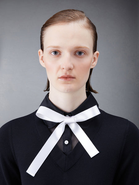 Wool Jersey Organza Pleated Bottom Ribbon Tie Combo Shirtdress BLACK