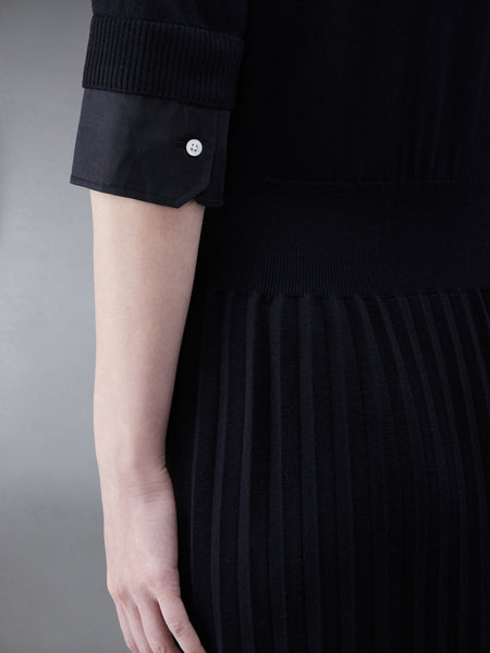 Wool Jersey Organza Pleated Bottom Ribbon Tie Combo Shirtdress BLACK