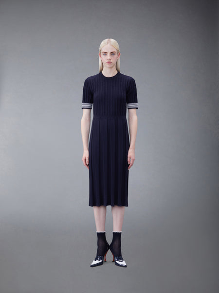 COTTON PLEATED CRICKET STRIPED CABLE DRESS NAVY