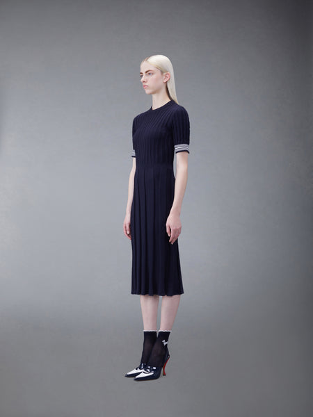 COTTON PLEATED CRICKET STRIPED CABLE DRESS NAVY