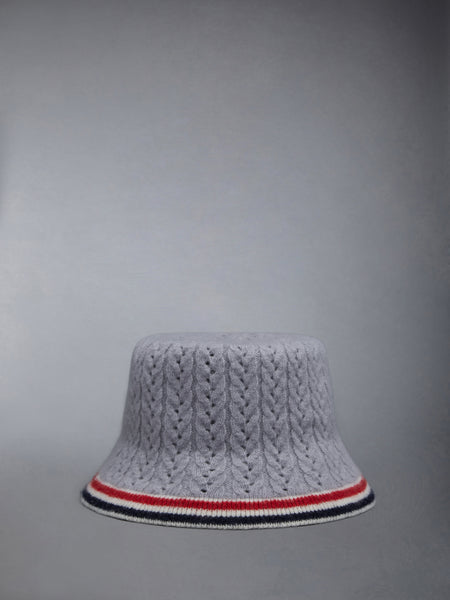 Wool Silk Cashmere Pointelle Stripe Bucket Hat LT GREY
