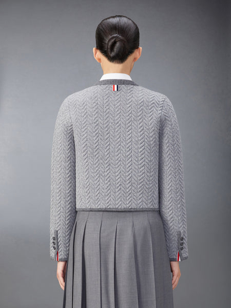 MERINO WOOL HERRINGBONE QUILTED CROPPED CARDIGAN JACKET LT GREY