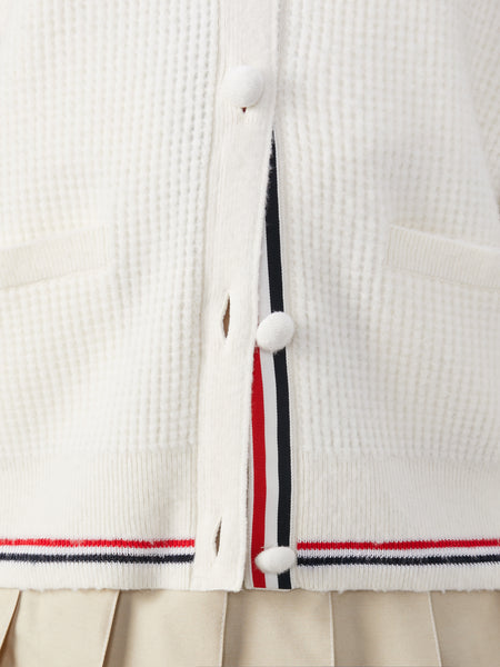 MERINO WOOL BRUSHED TUCK STITCH POLO CARDIGAN WHITE
