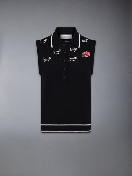 MERINO WOOL POINTELLE JERSEY HECTOR & ROSE SLEEVELESS POLO BLACK