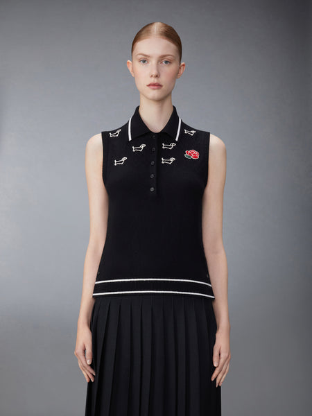 MERINO WOOL POINTELLE JERSEY HECTOR & ROSE SLEEVELESS POLO BLACK