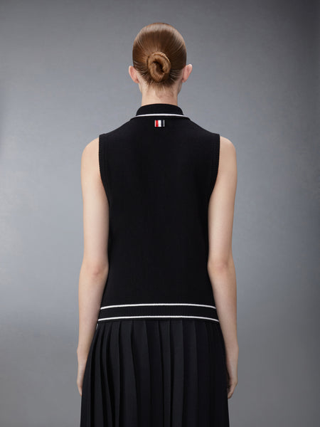 MERINO WOOL POINTELLE JERSEY HECTOR & ROSE SLEEVELESS POLO BLACK