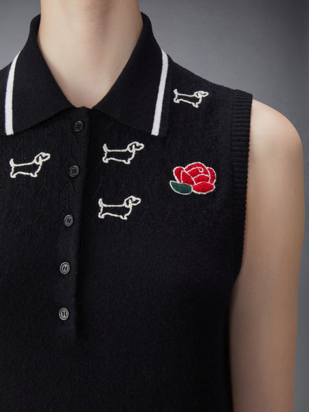 MERINO WOOL POINTELLE JERSEY HECTOR & ROSE SLEEVELESS POLO BLACK