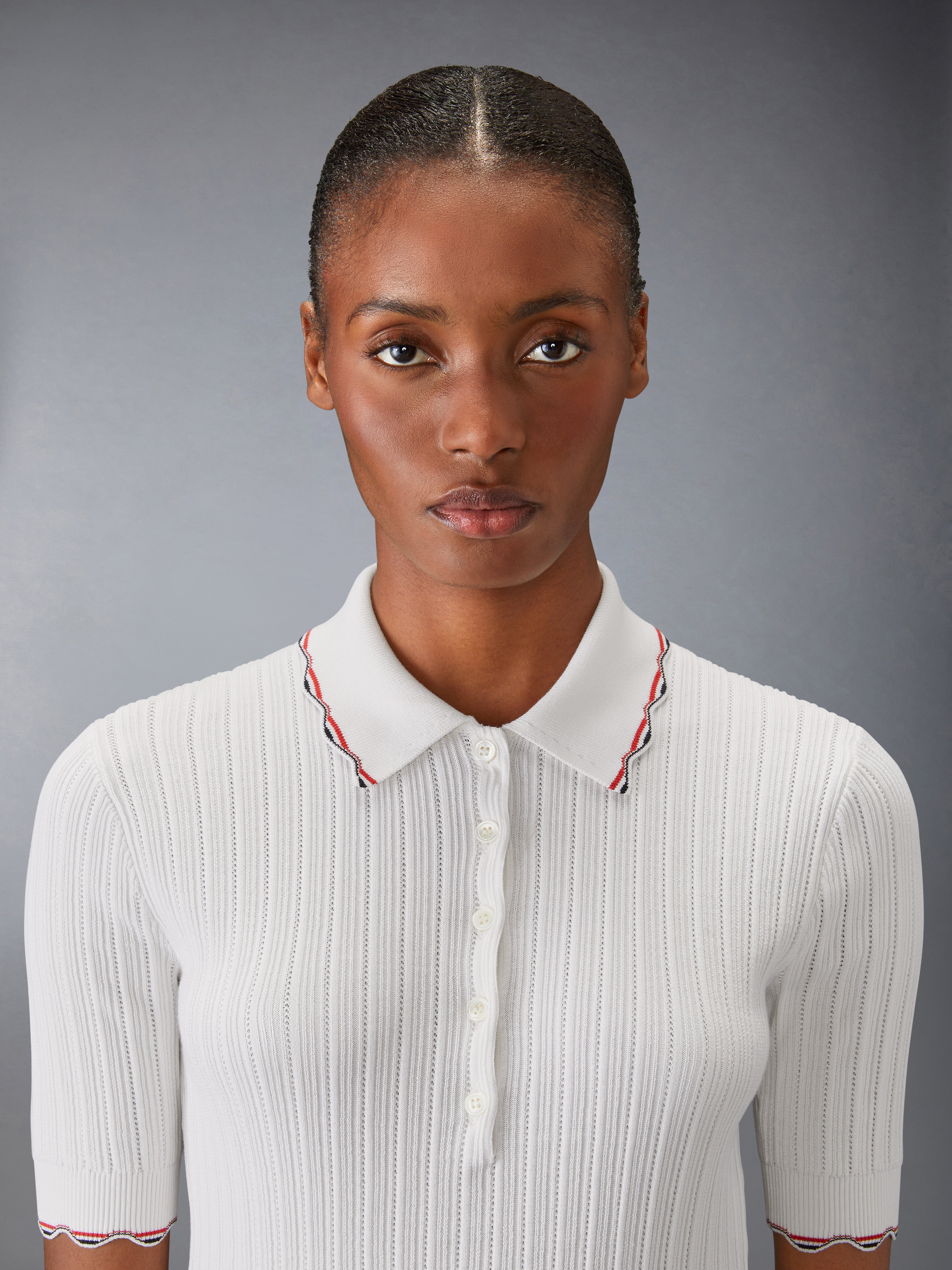 Tuck Rib Stitch Ss Polo In Silk Cotton W/ Rwb Stripe | Thom