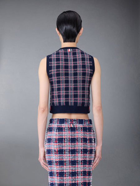 プリンス オブ ウェールズ カシミア クロップド クルーネック シェル トップ RWB/白