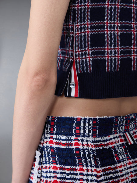 プリンス オブ ウェールズ カシミア クロップド クルーネック シェル トップ RWB/白