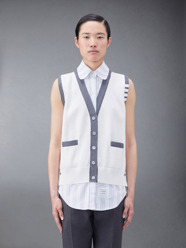 Cotton Milano And Oxford 4-Bar V-Neck Cardigan Vest Shirt Combo | Thom Browne Cotton Milano And Oxford 4-Bar V-Neck Cardigan Vest Shirt Combo | Thom Browne