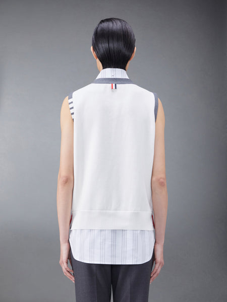 コットンミラノとオックスフォードの4BAR Vネックカーディガンベストシャツコンボ 白