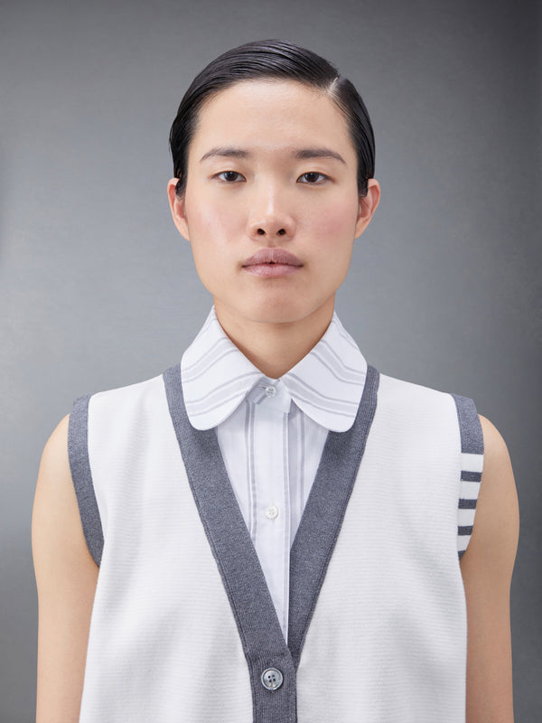 Cotton Milano And Oxford 4-Bar V-Neck Cardigan Vest Shirt Combo | Thom Browne Cotton Milano And Oxford 4-Bar V-Neck Cardigan Vest Shirt Combo | Thom Browne
