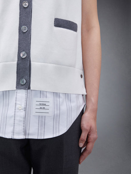 コットンミラノとオックスフォードの4BAR Vネックカーディガンベストシャツコンボ 白