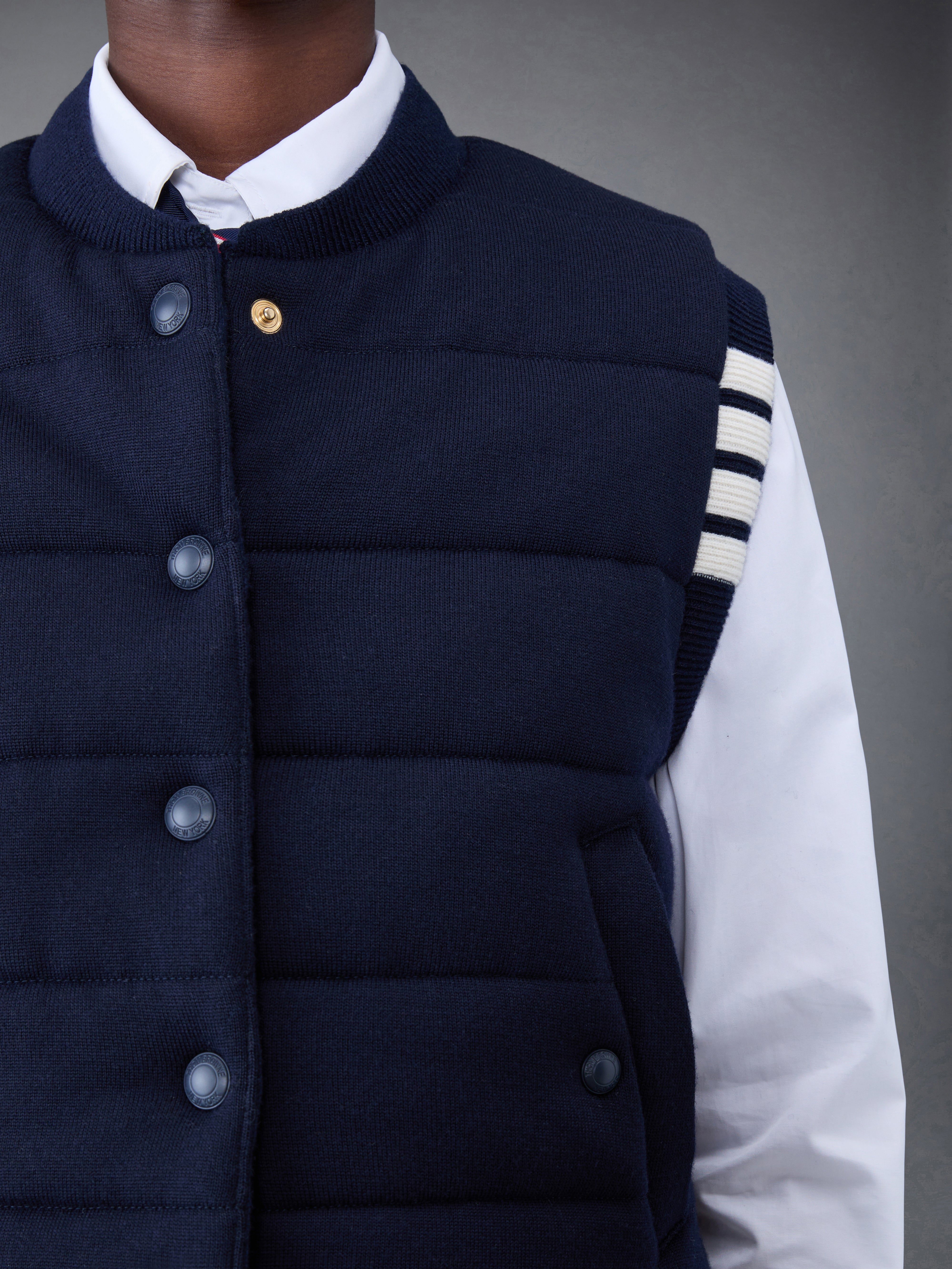Fine Merino And Jersey Reversible Down 4 Bar Vest | Thom Browne