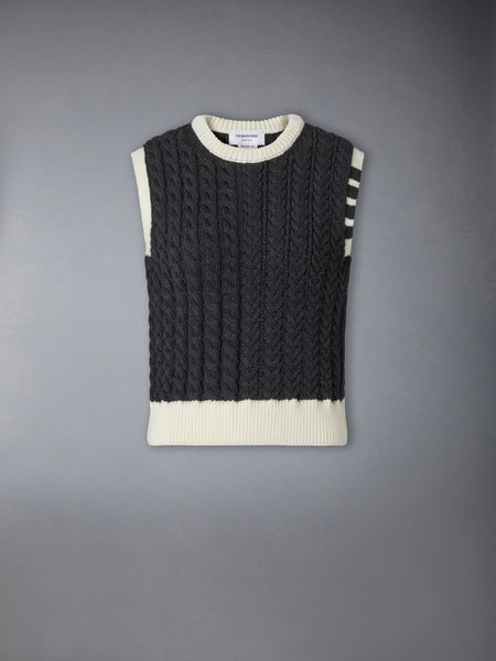 MERINO WOOL ARAN CABLE SHELL TOP DARK GREY
