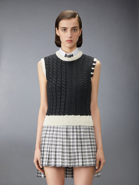 MERINO WOOL ARAN CABLE SHELL TOP DARK GREY