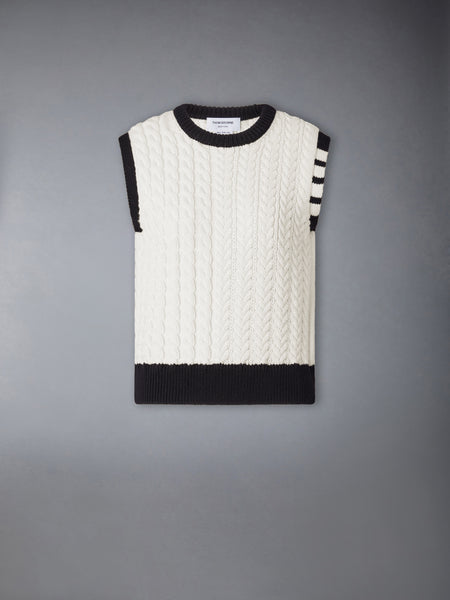 MERINO WOOL ARAN CABLE SHELL TOP WHITE