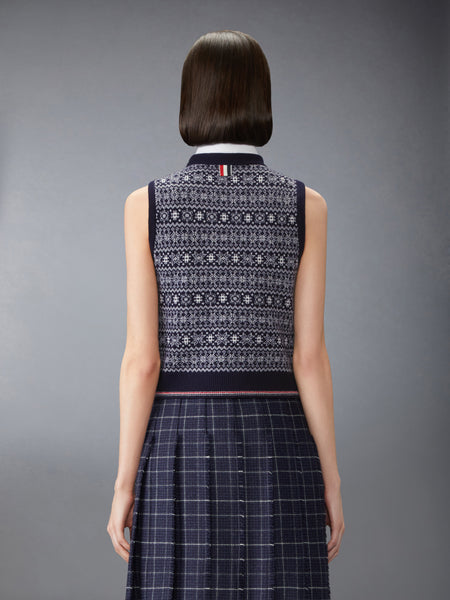 MERINO WOOL JACQUARD SNOWFLAKE SHELL TOP NAVY