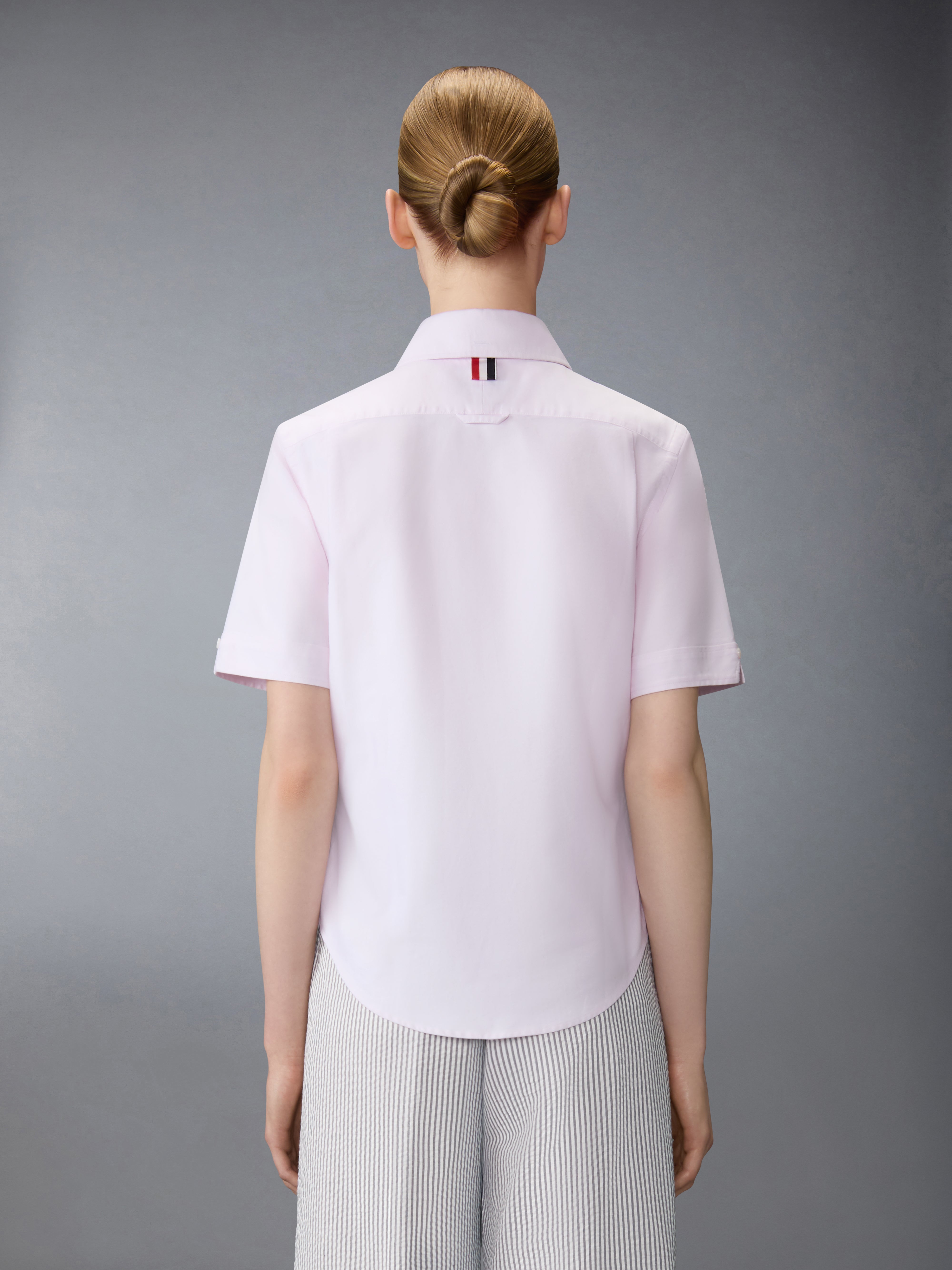 【THOM BROWNE】ホワイト/長袖/カットソー キッズ オックスフォード ショートスリーブ ラウンドカラー