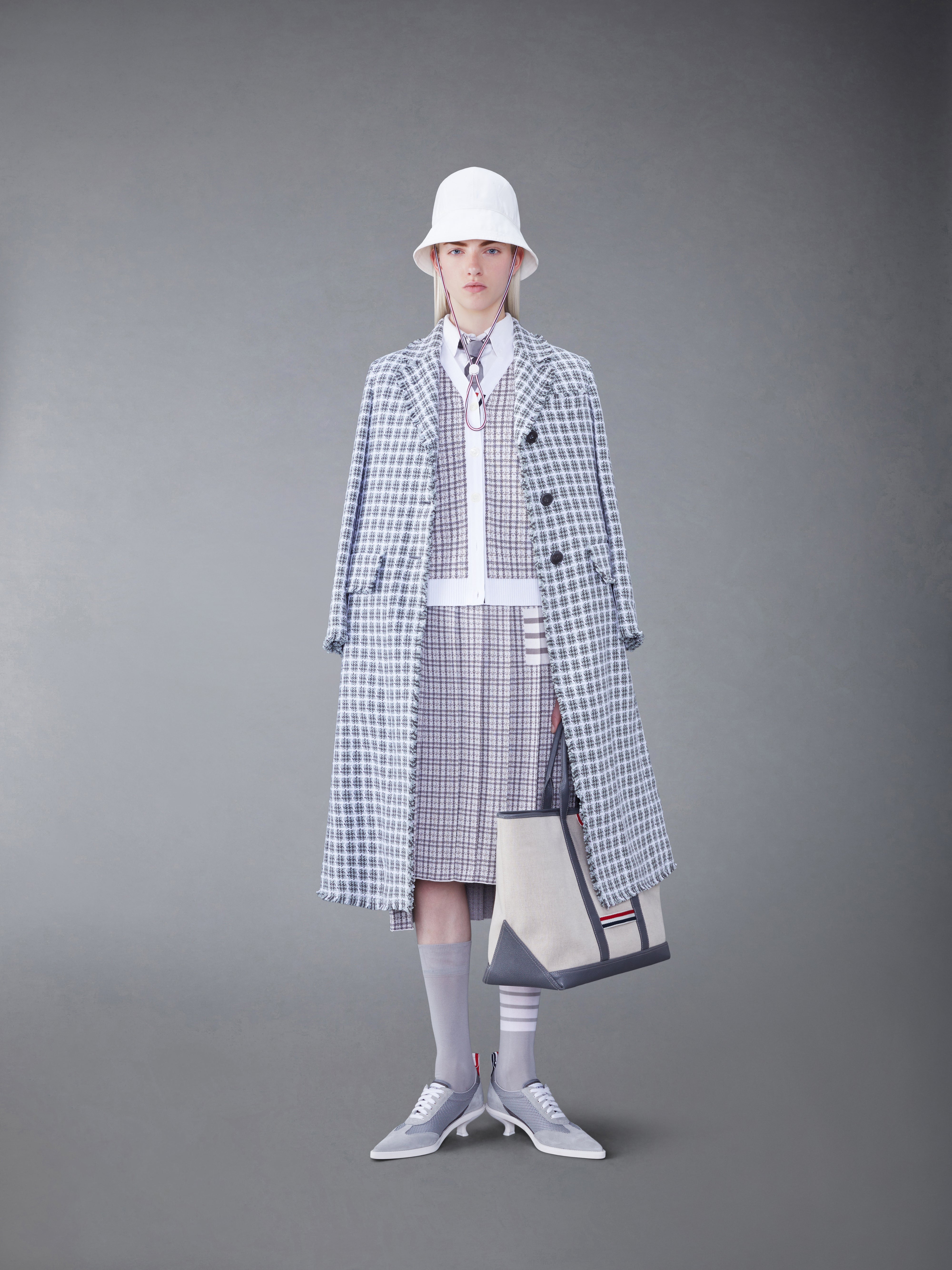 Check Summer Tweed Fray Wide Lapel Overcoat | Thom Browne