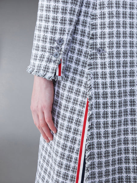 CHECK SUMMER TWEED FRAY WIDE LAPEL OVERCOAT MED GREY
