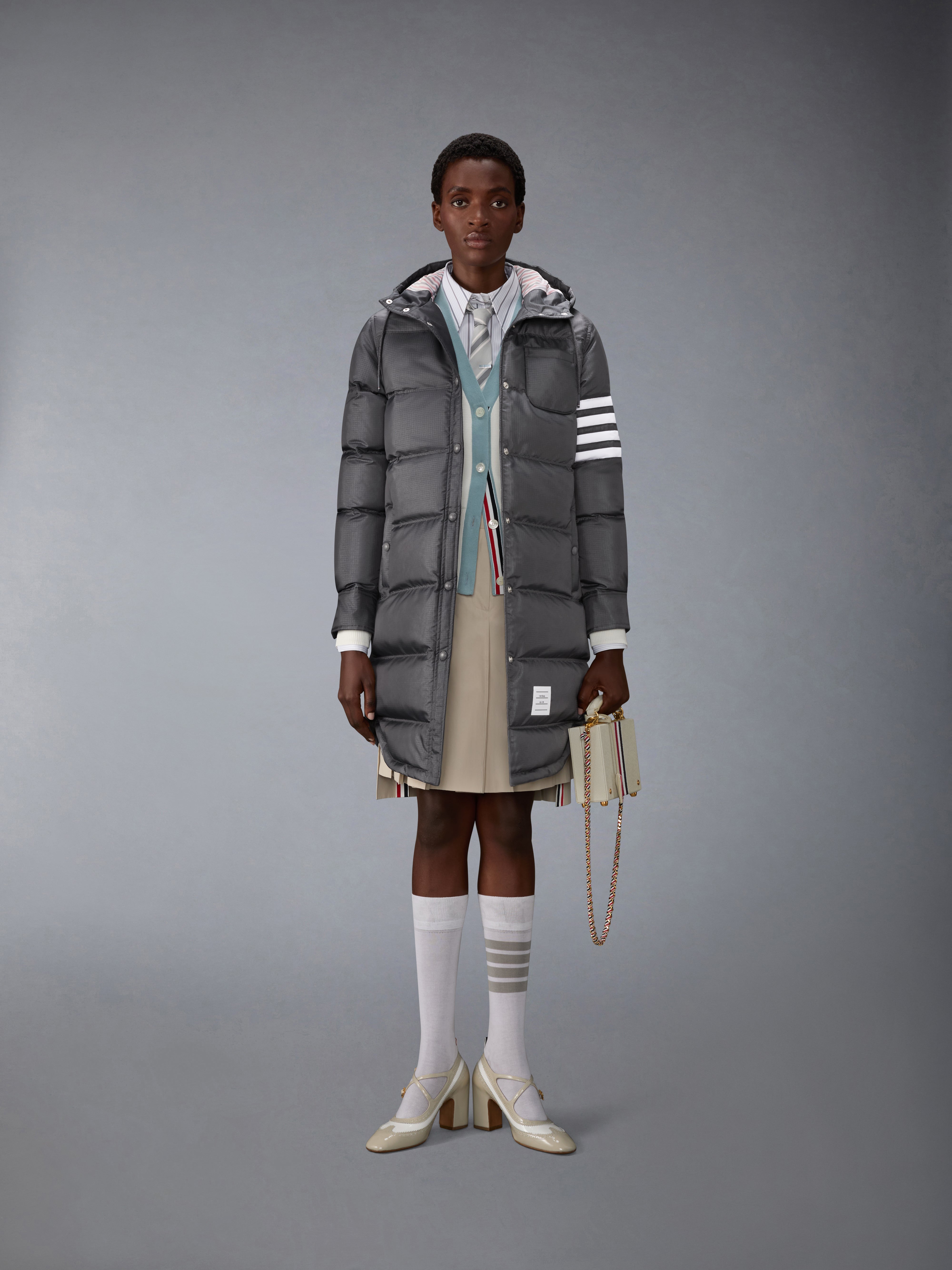 THOM BROWNE ジャケット パーカー コットン 00 XXS グレー Shiny Ripstop Lightweight Down Filled 4-Bar Jacket | Thom Browne