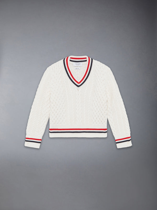 ARAN CABLE CRICKET STRIPE V-NECK PULLOVER - featured image