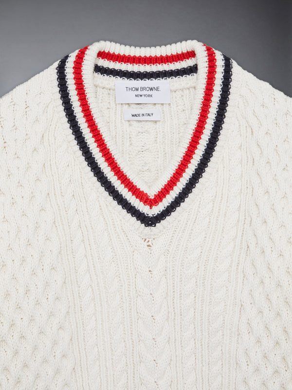 ARAN CABLE CRICKET STRIPE V-NECK PULLOVER - image 3