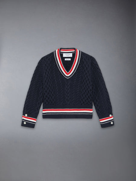 ARAN CABLE RWB CRICKET STRIPE PULLOVER NAVY