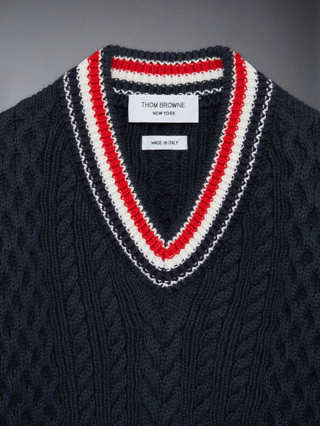 ARAN CABLE RWB CRICKET STRIPE PULLOVER NAVY