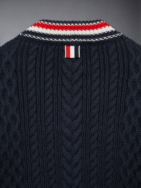 ARAN CABLE RWB CRICKET STRIPE PULLOVER NAVY