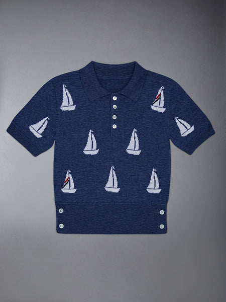 Kid's Fine Merino Half Drop Knit Polo BLUE